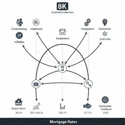 Infographic showing various economic indicators like inflation, employment, and consumer confidence influencing mortgage rates, clean image