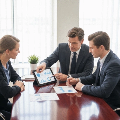 A financial advisor discussing mortgage refinancing options with a couple, showing documents and a tablet