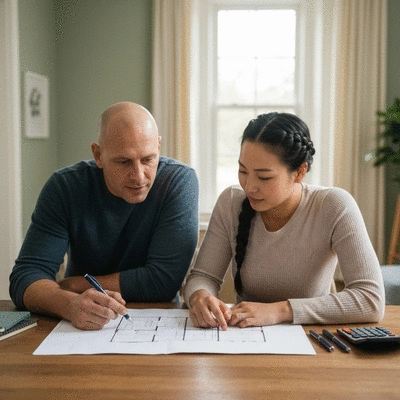 Couple looking at a home blueprint, representing financial planning for a home purchase