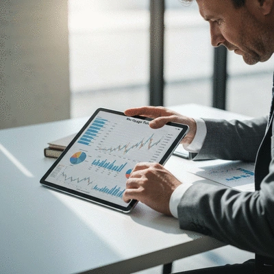 Person analyzing financial charts on a tablet, representing mortgage rates and treasury yields, no text, no words, no typography, clean image