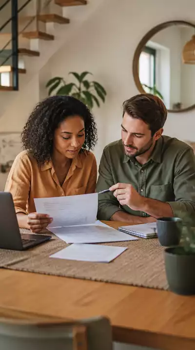 Couple reviewing mortgage documents at home