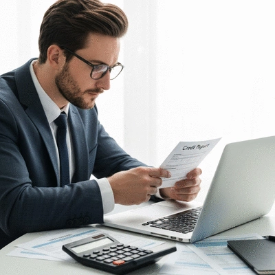 Person reviewing credit report on a laptop, with a calculator and financial documents nearby, indicating financial planning