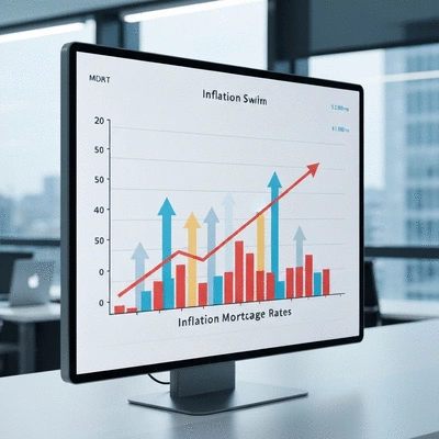 Stylized graphic of rising inflation and mortgage rates, with arrows pointing upwards, on a digital display. No text, no words, no typography, no labels, clean image.