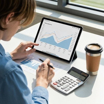 Person analyzing financial charts on a tablet, showing inflation and mortgage rate trends, with a calculator and coffee on a clean desk. No text, no words, no typography, no labels, clean image.