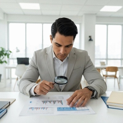 Person holding a magnifying glass over financial documents, analyzing mortgage rate trends, no text, no words, no typography, clean image