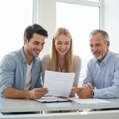 Couple happily reviewing home loan documents with a financial advisor