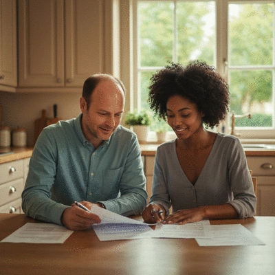 Couple reviewing financial documents at home, symbolizing mortgage planning