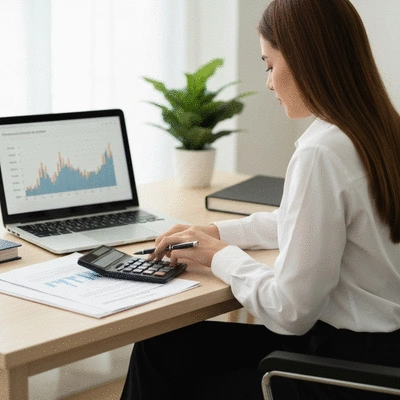 Person analyzing mortgage documents with calculator