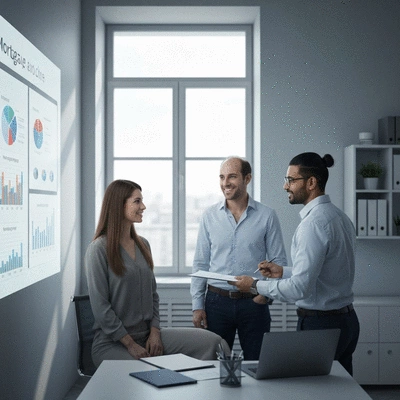 Financial advisor discussing mortgage options with a couple in a modern office