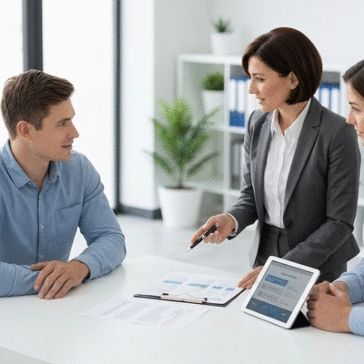 Mortgage professional consulting a couple about home loan options, showing documents and a tablet, in a modern office setting