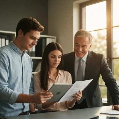 Couple reviewing mortgage documents on a tablet with a loan officer in a modern office