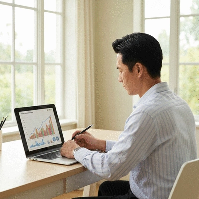 Person analyzing mortgage rate charts on a laptop, showing a downward trend, clean image