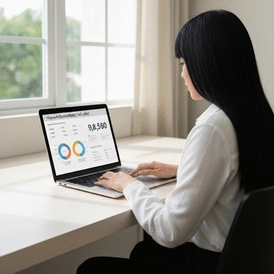 Person using a home affordability calculator on a laptop, showing numbers and charts