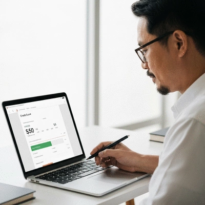 Person reviewing credit score on a laptop, emphasizing regular monitoring