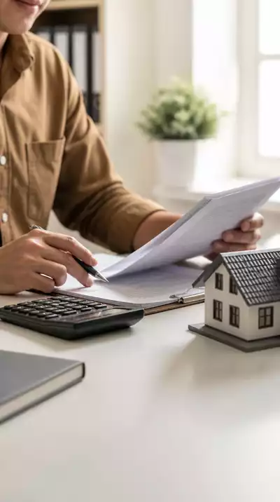 Person reviewing mortgage documents with calculator