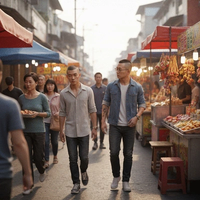 Happy couple looking at house blueprints on a tablet, smiling, with a house in the background