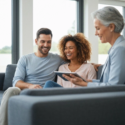 Happy couple in a modern home, discussing mortgage options with a financial advisor, bright and clean environment
