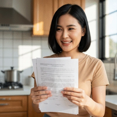 Couple happily reviewing mortgage documents at a kitchen table, symbolizing informed financial decisions