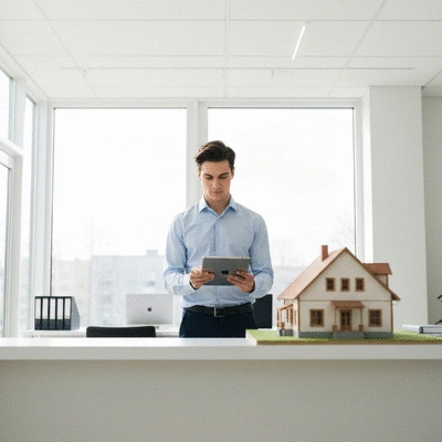 Person reviewing mortgage documents on a tablet with a house model in the background