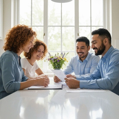 Family sitting at a kitchen table reviewing mortgage documents with a loan officer, bright and modern setting