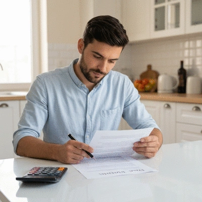Person reviewing mortgage documents at a kitchen table, focusing on savings and costs