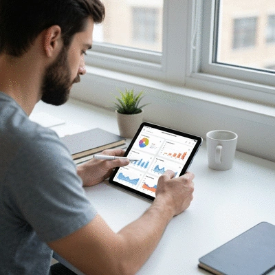 Person comparing different credit monitoring tools on a tablet screen, showing graphs and data