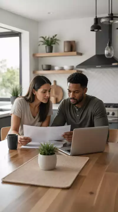 Couple reviewing mortgage documents at a kitchen table