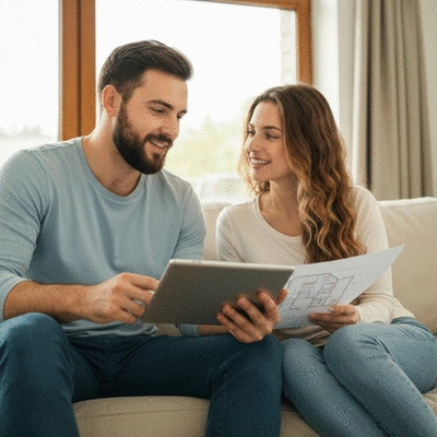 Couple looking at house plans, discussing mortgage options