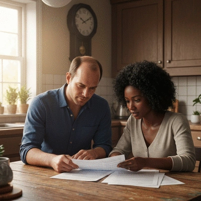 Couple reviewing mortgage documents at home