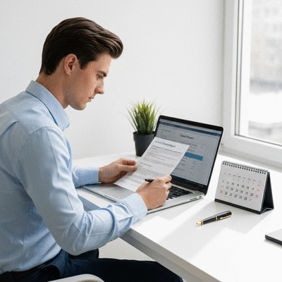 Person analyzing credit report on a laptop with a calendar and a pen, symbolizing credit score improvement timeline