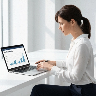 Person analyzing credit score on a laptop with a chart showing mortgage rates, no text, no words, no typography, clean image
