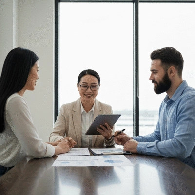 Couple discussing mortgage refinancing with a financial advisor in a modern office