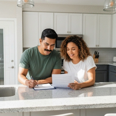 Happy couple reviewing mortgage documents at home