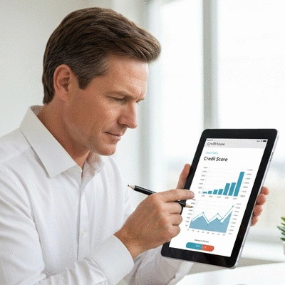 Person looking at a credit score graph on a tablet, illustrating its impact on home loans
