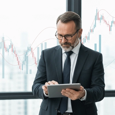 Person looking at charts on a tablet, representing market monitoring