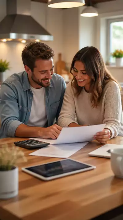 Couple discussing mortgage documents at home, with a calculator and tablet