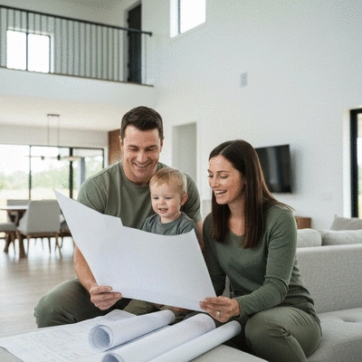Military family looking at blueprints in a new home