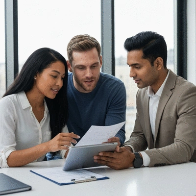 Diverse couple consulting with a mortgage advisor, reviewing documents on a tablet in a modern office. Clean image.