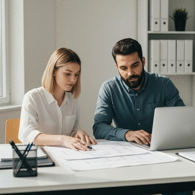 Couple looking at house blueprint and discussing home loan