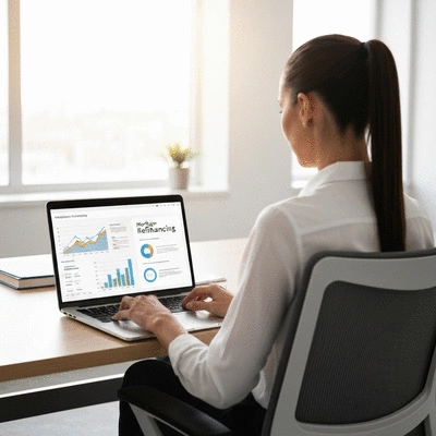 Person using a laptop to research mortgage refinancing options, with graphs and financial documents on screen